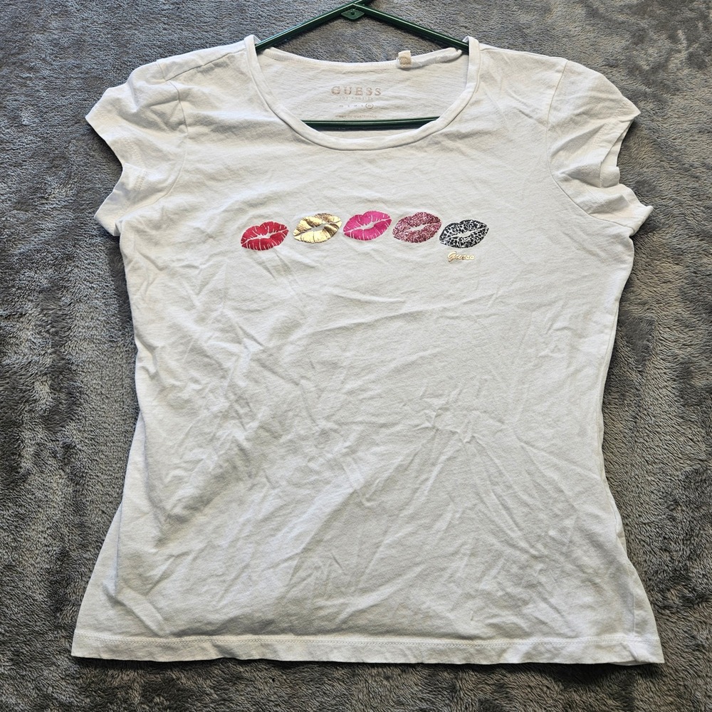 Guess Los Angeles Womens White Cotton Lips Graphic T-Shirt XL Short Sleeve